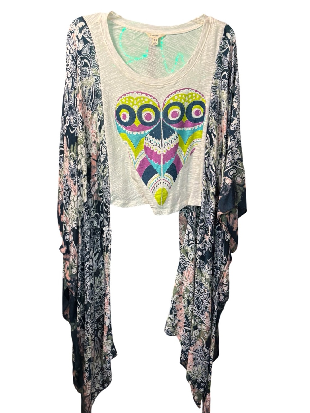 Boho Heart Owl Graphic Crop Top Upcycled with Flowing Kimono - White & Multi